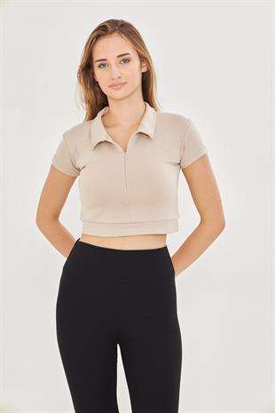 Kadın Esnek Modal Kumaş Polo Yaka Tişört Bej 8508-B