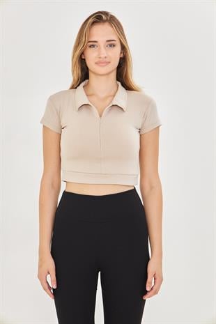 Kadın Esnek Modal Kumaş Polo Yaka Tişört Bej 8508-B