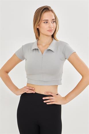 Kadın Esnek Modal Kumaş Polo Yaka Tişört Gri 8508-G