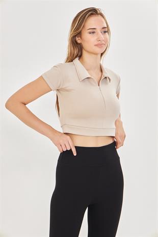 Kadın Esnek Modal Kumaş Polo Yaka Tişört Bej 8508-B
