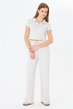 Kadın Esnek Modal Kumaş Polo Yaka Tişört Taş 8508-T