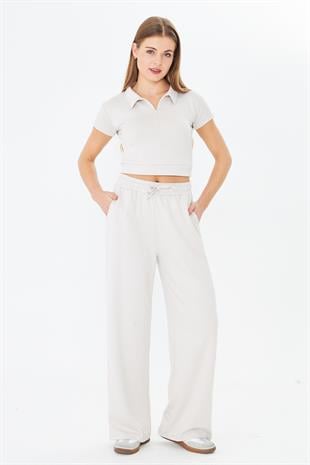 Kadın Esnek Modal Kumaş Polo Yaka Tişört Taş 8508-T