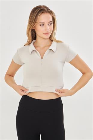 Kadın Esnek Modal Kumaş Polo Yaka Tişört Taş 8508-T