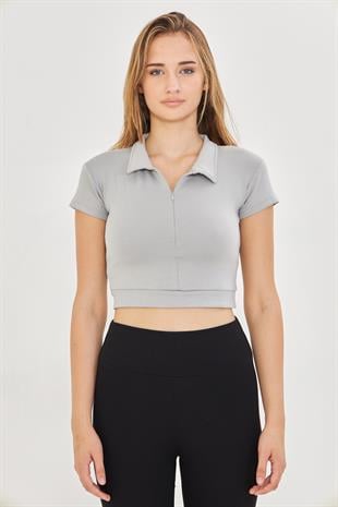 Kadın Esnek Modal Kumaş Polo Yaka Tişört Gri 8508-G