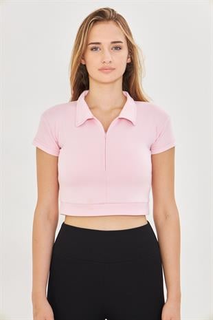 Kadın Esnek Modal Kumaş Polo Yaka Tişört Pembe 8508-P