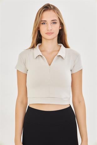 Kadın Esnek Modal Kumaş Polo Yaka Tişört Taş 8508-T