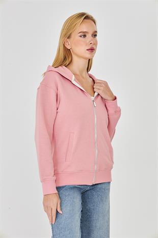Kadın Tam Fermuarlı Kapüşonlu Pamuklu Eşofman Üstü Pembe 9508-P