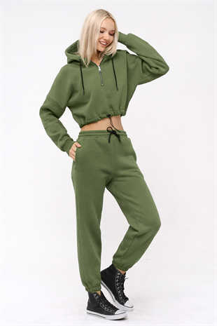 Yarım Fermuarlı Kapüşonlu Crop Sweatshirt 5502H