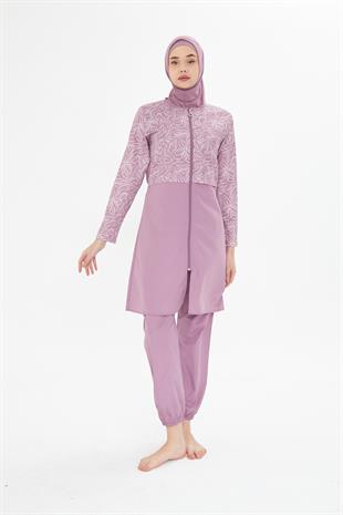 Tam Kapalı Desenli Yarım Paraşüt Kumaş Tesettür Mayo Pembe 3478-P