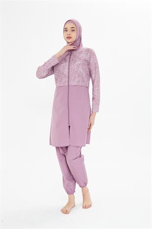 Tam Kapalı Desenli Yarım Paraşüt Kumaş Tesettür Mayo Pembe 3478-P