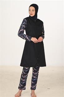 Tam Kapalı Desenli Paraşüt Kumaş Tesettür Mayo 3443