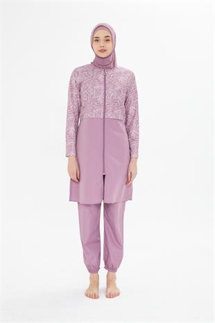 Tam Kapalı Desenli Yarım Paraşüt Kumaş Tesettür Mayo Pembe 3478-P