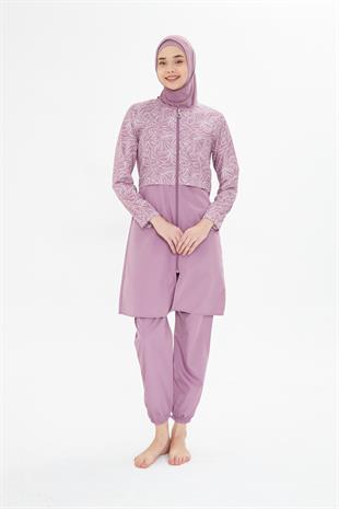 Tam Kapalı Desenli Yarım Paraşüt Kumaş Tesettür Mayo Pembe 3478-P