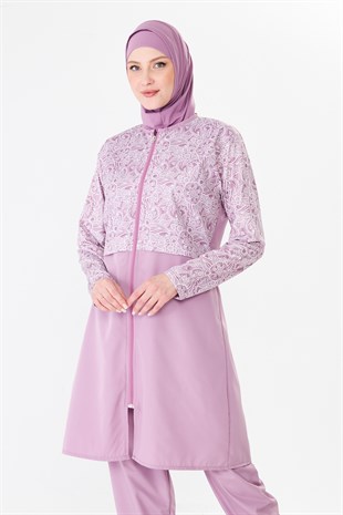 Tam Kapalı Paraşüt Kumaş Desenli Tesettür Mayo Pembe-3503