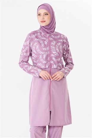 Tam Kapalı Paraşüt Kumaş Desenli Tesettür Mayo Pembe-3505