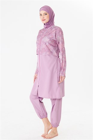Tam Kapalı Paraşüt Kumaş Desenli Tesettür Mayo Pembe-3504