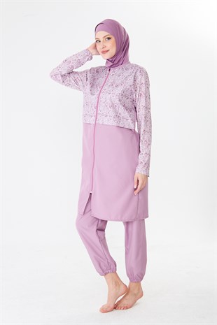 Tam Kapalı Paraşüt Kumaş Desenli Tesettür Mayo Pembe-3503