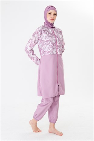 Tam Kapalı Paraşüt Kumaş Desenli Tesettür Mayo Pembe-3502