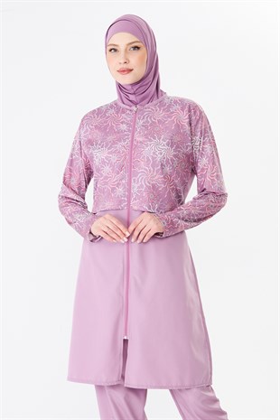 Tam Kapalı Paraşüt Kumaş Desenli Tesettür Mayo Pembe-3504