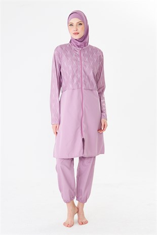 Tam Kapalı Paraşüt Kumaş Desenli Tesettür Mayo Pembe-3501