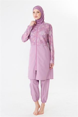 Tam Kapalı Paraşüt Kumaş Desenli Tesettür Mayo Pembe-3504
