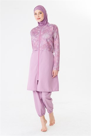 Tam Kapalı Paraşüt Kumaş Desenli Tesettür Mayo Pembe-3504