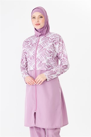 Tam Kapalı Paraşüt Kumaş Desenli Tesettür Mayo Pembe-3502