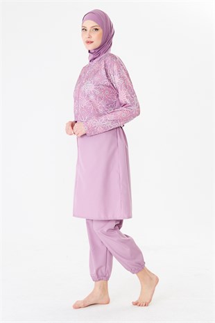 Tam Kapalı Paraşüt Kumaş Desenli Tesettür Mayo Pembe-3504