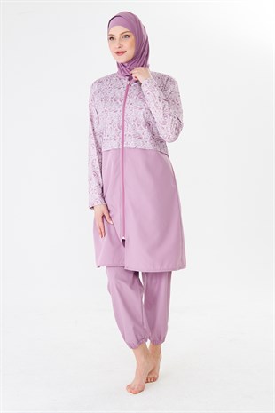 Tam Kapalı Paraşüt Kumaş Desenli Tesettür Mayo Pembe-3503