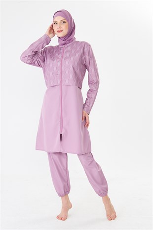 Tam Kapalı Paraşüt Kumaş Desenli Tesettür Mayo Pembe-3501