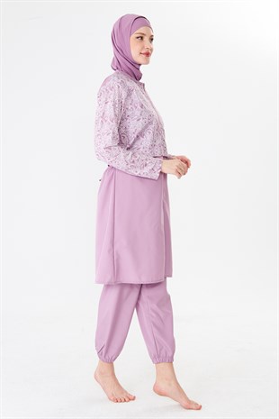Tam Kapalı Paraşüt Kumaş Desenli Tesettür Mayo Pembe-3503