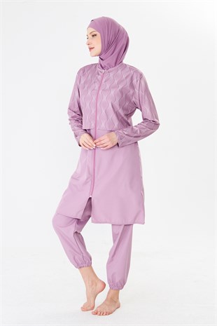 Tam Kapalı Paraşüt Kumaş Desenli Tesettür Mayo Pembe-3501