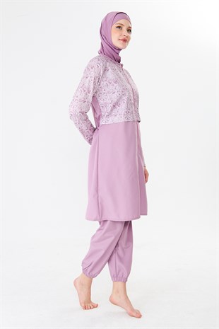 Tam Kapalı Paraşüt Kumaş Desenli Tesettür Mayo Pembe-3503