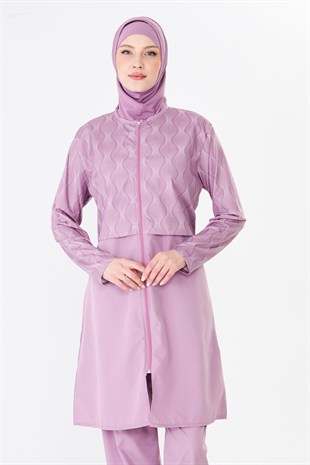 Tam Kapalı Paraşüt Kumaş Desenli Tesettür Mayo Pembe-3501