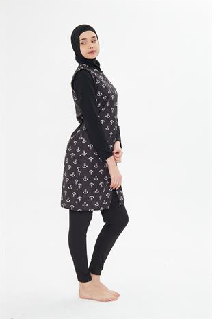 Tam Kapalı Yelekli Desenli Paraşüt Kumaş Tesettür Mayo Siyah 3473-S