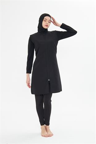 Tam Kapalı Yelekli Paraşüt Kumaş Tesettür Mayo Siyah 3476-S
