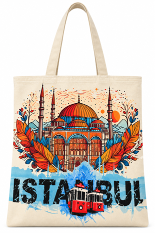 Cami ve Tramvay Teması Deseni Baskılı Pamuklu Bez Çanta 35x40cm -BC8