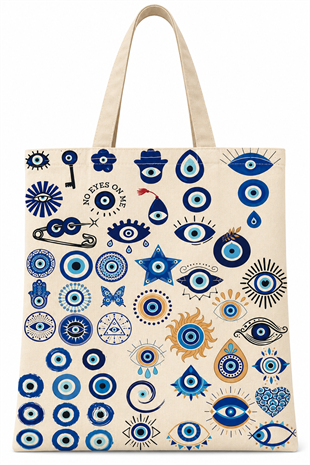 Çeşitli Nazar Boncukları Deseni Baskılı Pamuklu Bez Çanta 35x40cm -BC12
