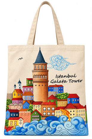 Galata Kulesi İstanbul teması Deseni Baskılı Pamuklu Bez Çanta 35x40cm -BC17