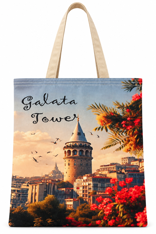 Galata Tower Deseni Baskılı Pamuklu Bez Çanta 35x40cm -BC14