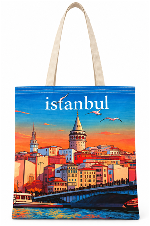 Gün Batımı Galata Kulesi Deseni Baskılı Pamuklu Bez Çanta 35x40cm -BC6