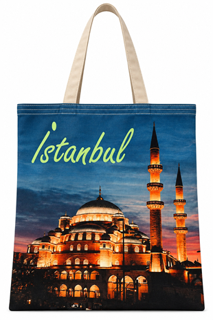 İstanbul Cami Deseni Baskılı Pamuklu Bez Çanta 35x40cm -BC15