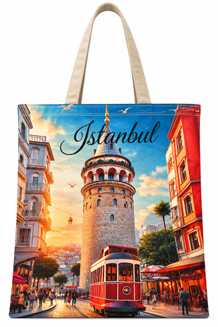 İstiklal Caddesi tramvayı teması Deseni Baskılı Pamuklu Bez Çanta 35x40cm -BC16