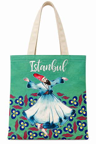 Mevlevi Dervişi Deseni Baskılı Pamuklu Bez Çanta 35x40cm -BC5