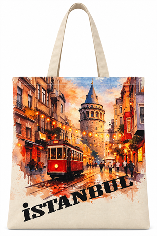 Tramvay Taksim Deseni Baskılı Pamuklu Bez Çanta 35x40cm -BC11