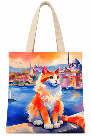 Turuncu Kedi Deseni Baskılı Pamuklu Bez Çanta 35x40cm -BC4