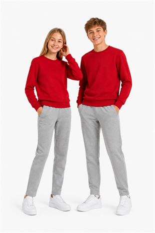 Unisex Çocuk Şardonlu Bisiklet Yaka Eşofman Takımı Kırmızı-301