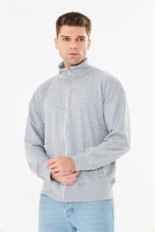 Erkek Tam Fermuarlı Pamuklu Eşofman Üstü Gri Melanj 9507-G