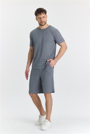 Erkek Çizgli Polycotton T-shirt Şort İkili Takım Gri 5734-G