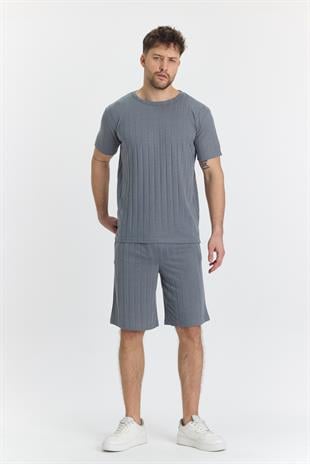 Erkek Çizgli Polycotton T-shirt Şort İkili Takım Gri 5734-G